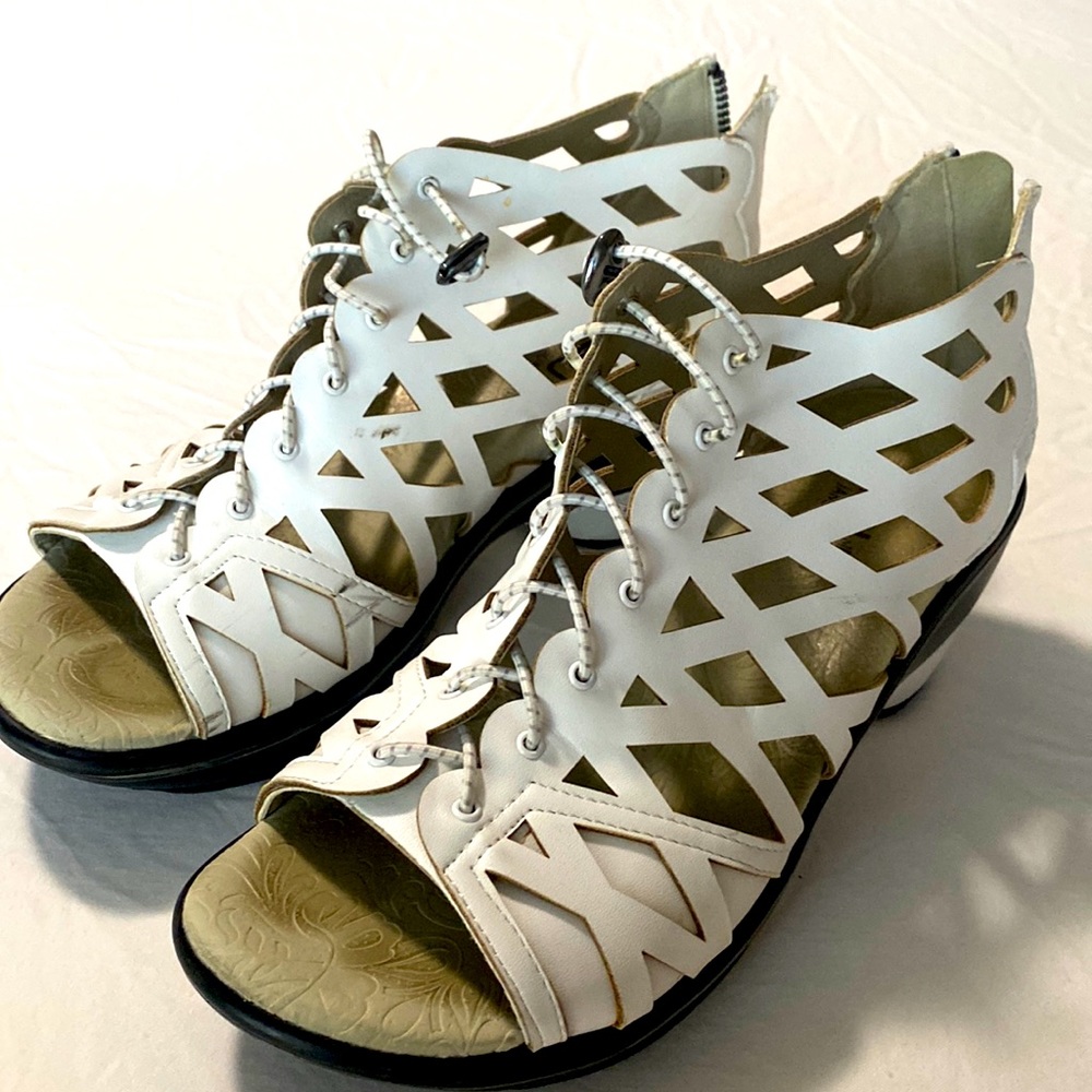 Cute white JBU lace up look sandals